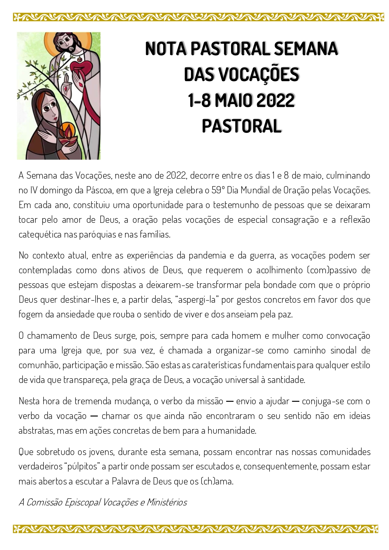 NOTA PASTORAL E ORAÇÃO SEMANA  DAS VOCAÇÕES  1-8 MAIO 2022  PASTORAL